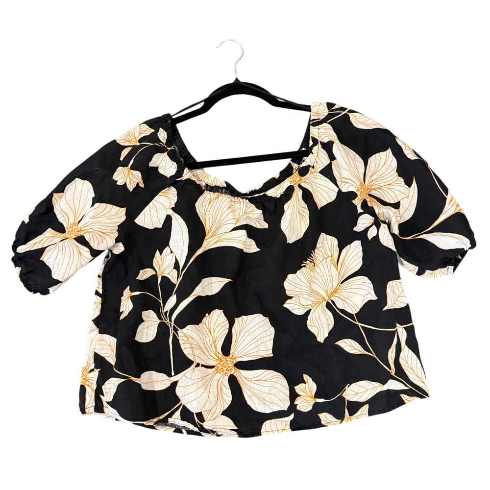 Cynthia Rowley Black Floral 100% Linen Off Shoulder Puff Sleeve Blouse Top M